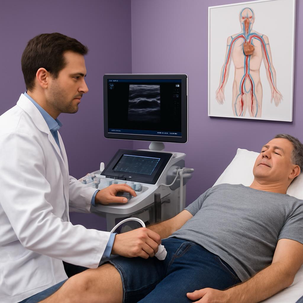 A doctor is performing a vascular ultrasound scan on a middle-aged man at elite community ultrasound