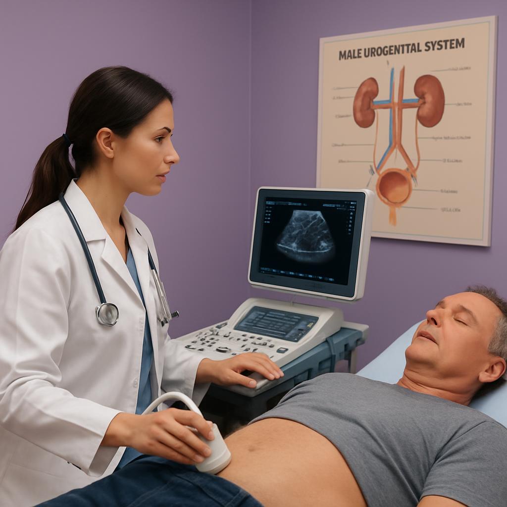a female doctor performing an ultrasound scan of the abdomen on a middle-aged man