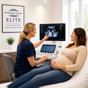 Private pregnancy ultrasound consultation at Elite Community Ultrasound Ashford with expert sonographer discussing baby scan results.
