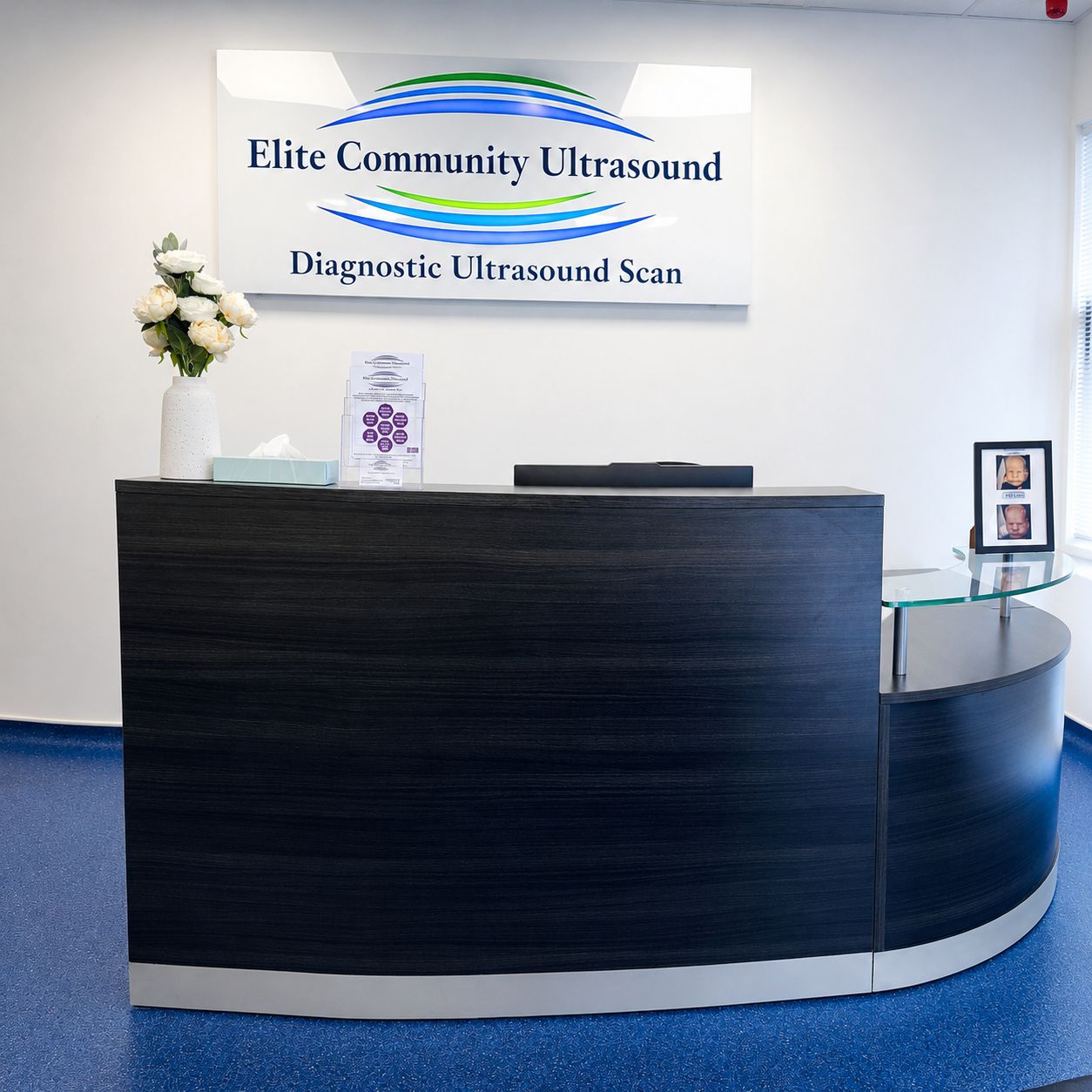 Reception area at Elite Community Ultrasound Canterbury clinic providing private pregnancy scans, diagnostic ultrasound and health imaging in Canterbury, Kent.