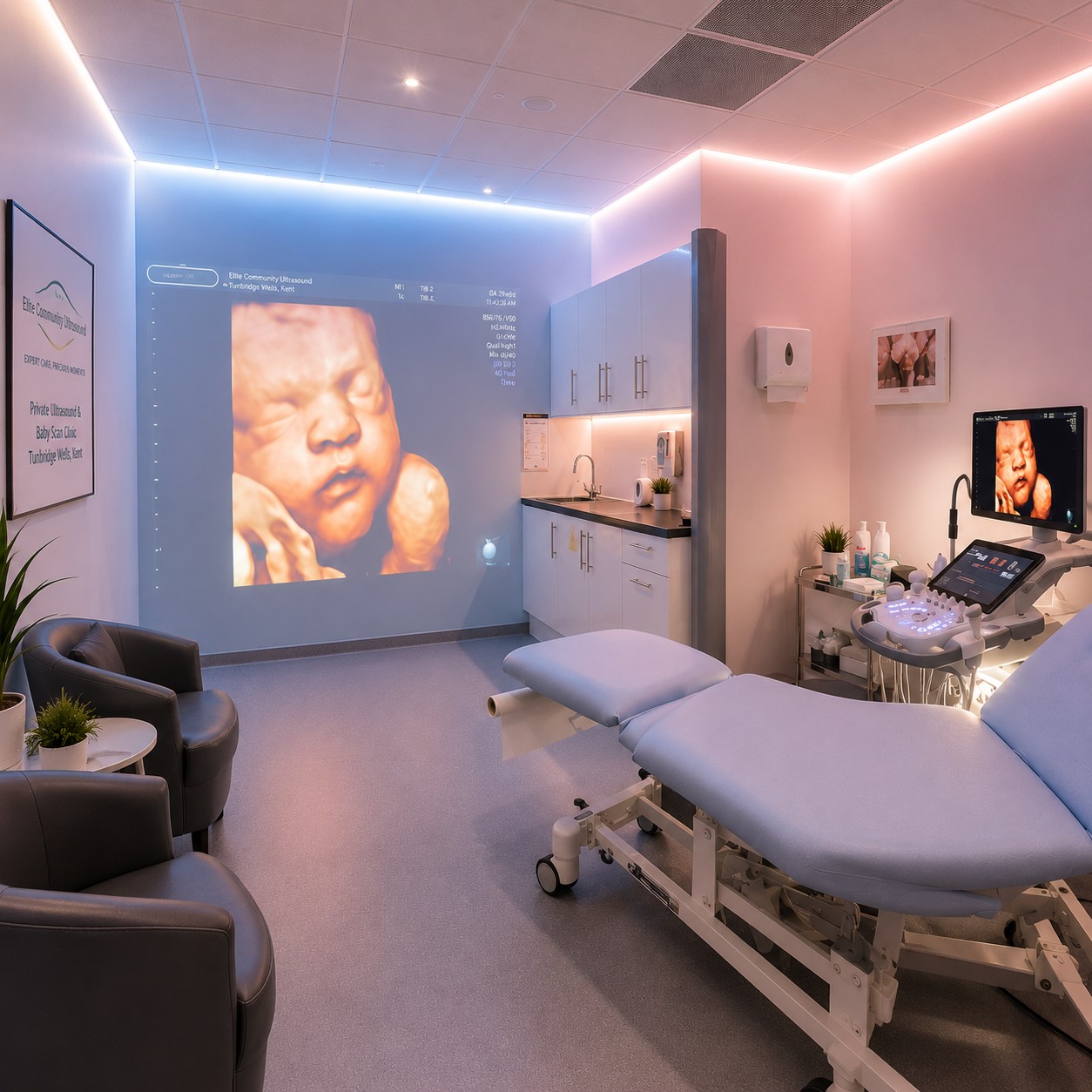 Premium private 4D baby scan room at Elite Community Ultrasound Tunbridge Wells clinic with calming pink and blue ambient lighting and advanced ultrasound technology.