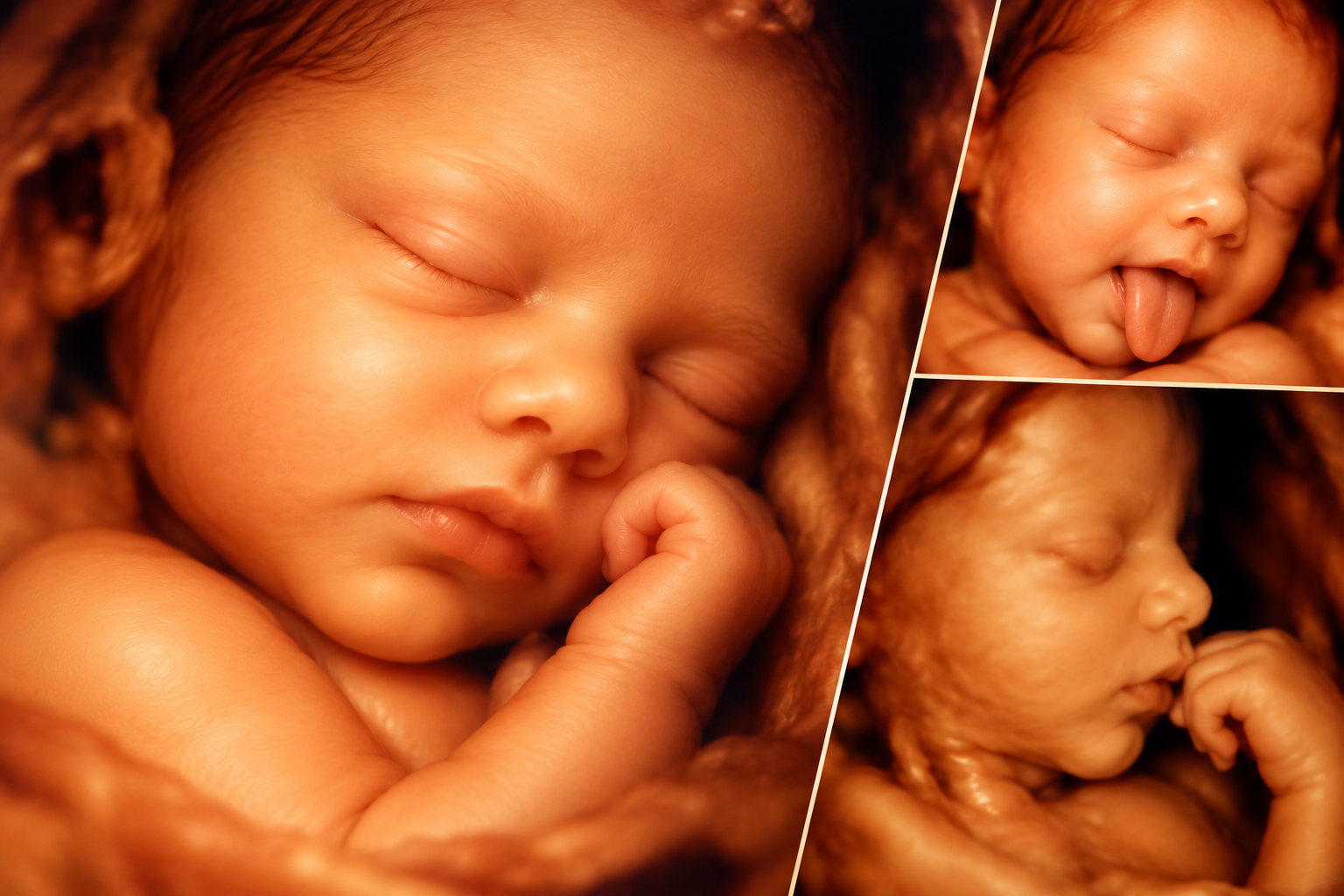 Illustrative collage of three 4D baby ultrasound-style portraits showing a baby's face, profile and hand near the mouth.
