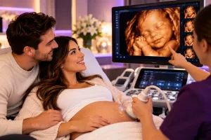Expectant parents viewing a detailed baby ultrasound image during a 5D scan