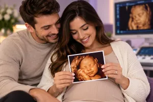 Expectant couple holding a 3D ultrasound picture of their baby